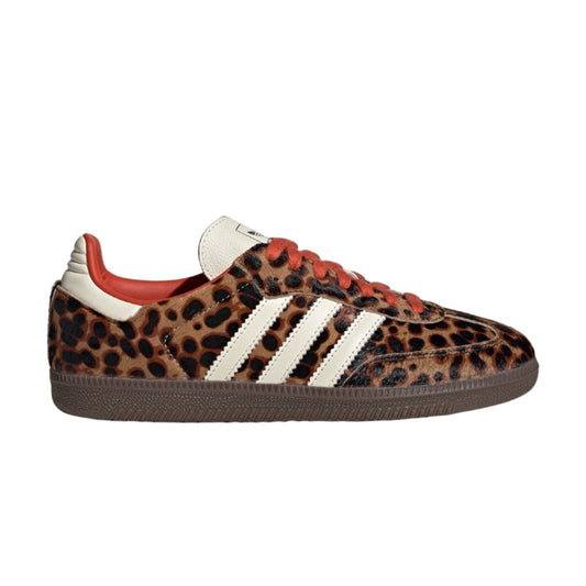 Leopard print sneaker with white stripes on a white background